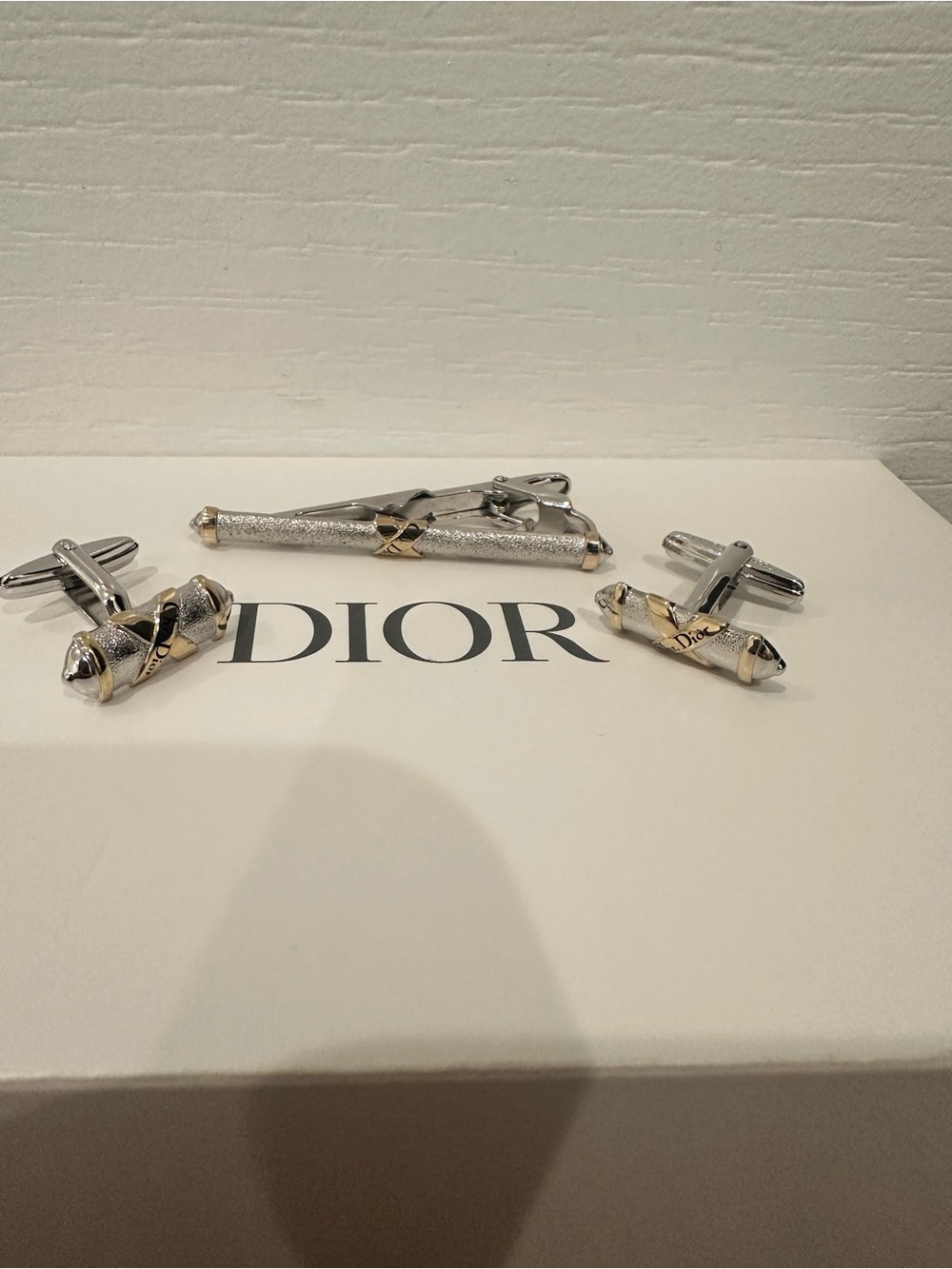 Dior Two-Tone Silver and Gold Cufflinks with Matching Tie Clip